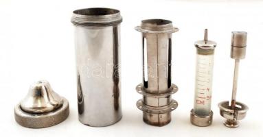 Antik orvosi fecskendő fém tokban, m:12,5cm