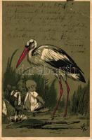 Children, stork, Emb. litho s: Arthur Heyer (EB)
