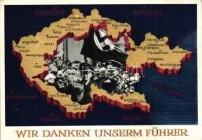 Wir danken unserm Führer / Adolf Hitler, Konrad Henlein, NS propaganda, map of the Czech Republic, 6 Ga. (EK)