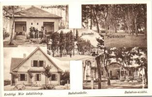 Balatonlelle, vasútállomás sín autóbusszal, Droguista-otthon, Erdélyi Mór üdülőtelep, Balaton-szálló