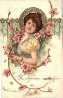 Lady with cherry blossoms, Art Nouveau, litho