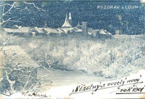 Louny, Pozdrav z Loun. Tiskem a nakladem Th. Venty / town-view postcard glittering decoration s: Kärber