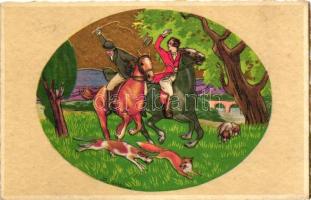 Art Deco Italian postcard, hunter couple, hunting dogs, fox, C.C.M. 2604-4. s: D. Gobbi