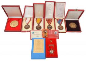 10db-os vegyes magyar szocialista jelvény és emlékérem tétel, mindegyik tokban, közte DN "Bács-Kiskun M. Tanács - Község és városfejlesztésért" Br emlékérem dísztokban (50mm); ~1960-1970. "A Haza Fegyveres Szolgálatlában" 10,15,20 és 25 év után, zománcozott fém kitüntetés mellszalaggal tokban T:vegyes