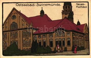 Swinoujscie, Ostseebad Swinemünde; Neues-Kurhaus / spa, Künstler-Stein-Zeichnung litho