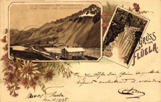 1898 Flüela, Wasserfall, Hospiz, Schwarzsee, Schottensee, Schwarzhorn / waterfall, rest house, lakes, floral, litho