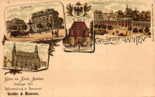 Aachen, Kaiserplatz, Rathaus, Pontthor, Eisenbrunnen / square, town hall, gate, fountain, Kunstanstalt Rosenblatt floral litho (EK)