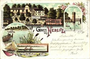 1897 Nedlitz, F. Buges Restaurant zur Römerschanze, Bürcke, / restaurant, bridge, rowers, floral, Kunstanstalt Carl Garte litho (EK)