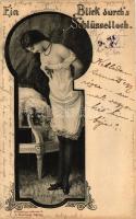 Erotikus képeslap, Künstlerpostkarte 6. J. Goldiner, 'Ein Blick durch's Schlüsselloch' Künstlerpostkarte 6. J. Goldiner; erotic postcard