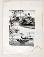 Olvashatatlan jelzéssel: Falu a vízparton, távol-keleti életkép, vegyes technika, vászon, 30,5×22 cm