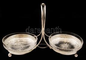 Art deco ezüst kínáló  csiszolt üvegbetéttel (apró lepattanással), Ag., nettó:254,1gr., jelzett, 28x15cm/ Silver with frosted glass inserts (small notch), net, Ag.. 254.1 gr, marked, 28x15cm