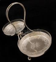 Art deco ezüst kínáló  csiszolt üvegbetéttel (apró lepattanással), Ag., nettó:254,1gr., jelzett, 28x...