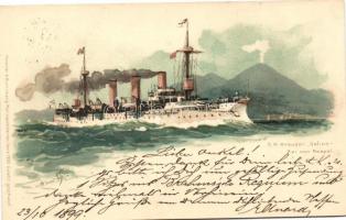 1899 SMS Gefion, Bai von Neapel, Kaiserliche Marine, Meissner & Buch Marinepostkarten Serie 1000. / SMS Gefion at the bay of Naples, unprotected cruiser, German Navy, litho, artist signed