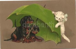Dog puppies under green umbrella with white cat, Meissner & Buch Künstlerpostkarten Serie 1943., litho