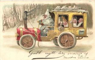 Dwarves in automobile with money bags, litho (Rb)