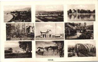 Szob, mozaikképes lap, többek között: Kőzúzó, Malomkert részlet, vasúti híd, kiadja Kettner Ferencné