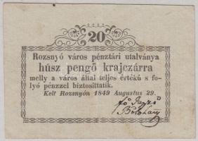 Rozsnyó 1849. 20kr Rozsnyó város pénztári utalványa T:III ROZ-2.1