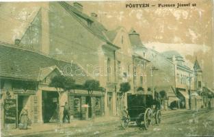 Pöstyén, Ferencz József út, üzletek. Kiadja Kohn Bernát / street, shops (felületi sérülés / surface damage)