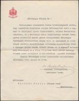 1929 Serédi Jusztinián hercegprímás meleg hangú köszönő levele dr. Tarányi Ferenc Vas vármegye főispánjának, aláírásával. Hátoldalán a válasz ceruzás piszkozatával.