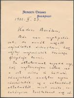 1932 gróf Apponyi György Alexander (1898-1970) legitimsta politikus, országgyűlési képviselő, újságíró autográf levele dr. Tarányi Ferenc Vas vármegye főispánjának melyben megköszöni a működése alatt adott segítséget. Két beírt oldal.