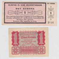 Székesfehérvár 1920. 1K "Világítási és Vízmű Részvénytársaság" utalvány + Osztrák-Magyar Bank 1922. 1K "Olla" reklám pecséttel a hátoldalán T:I-,III