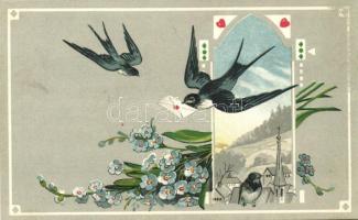 Love greeting card, swallows, floral, S.V.D. Serie 3138/4. litho (Rb)