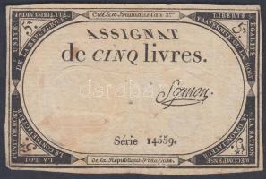 Franciaország 1793. 5L "Assignata" T:III tűlyuk France 1793. 5 Livres "Assignat" C:F needle hole