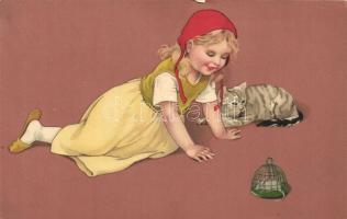 Girl with cat, mouse, Meissner & Buch Künstlerpostkarten Serie 1718. litho (EK)