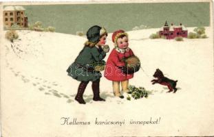 Karácsony, gyerekek kutyával, litho, Christmas, children, dog, litho