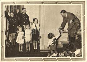 Adolf Hitler greeted by 2 members of the Hitlerjugend and children, 6+ 19 Ga. (EB)