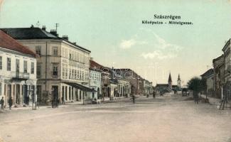 Szászrégen, Reghin; Közép utca, Városi szálloda / street, hotel (vágott / cut)