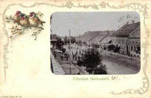 Szolnok, Szapáry utca, madaras üdvözlő lap, Art Nouveau litho, kiadja Fuchs Lipót (r)