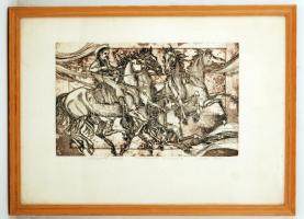 Kádas István (1941-): Ellopott lovak. Rézkarc, papír, jelzett, üvegezett keretben, 24×39 cm