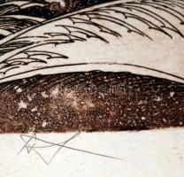 Kádas István (1941-): Ellopott lovak. Rézkarc, papír, jelzett, üvegezett keretben, 24×39 cm