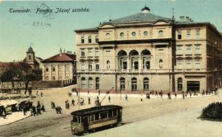 Temesvár, Timisoara; Ferencz József színház, villamos / theatre, tram (EK)