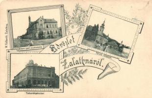 Zalatna, Zlatna; Állami ipari szakiskola, Három templom, Takarékpénztár, kiadja W. Folberth / school, church, bank, floral (EK)