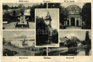 Ráckeve; Hősök szobra, Városháza, M. kir. kastély, Hajóállomás, Dunarészlet (fa)