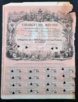 Franciaország / Párizs 1930. "Chargeurs Réunis Gőzhajózási Részvénytársaság" kötvénye 1000Fr-ról szelvényekkel, bélyegzésekkel, lyukasztásokkal érvénytelenítve T:III szakadás France / Paris 1930. "Chargeurs Réunis Steamship Corporation" obligation about 1000 Francs with coupons and stamps, cancelled by holes C:F tear