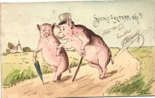 Schönes Ehepaar pigs, hand-painted postcard (see backside decoration too)