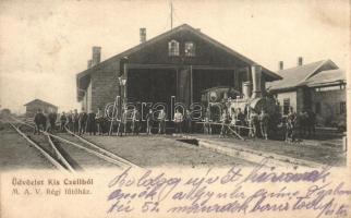 Kiscell, MÁV régi fűtőház, gőzmozdony, vasúti munkások, kiadja Radó J. (b)