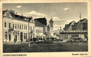 Gyergyószentmiklós, Gheorgheni; Kossuth Lajos tér, Bíró Ferencz és Szenkovits Andor üzlete / square, shops, automobile (EK)