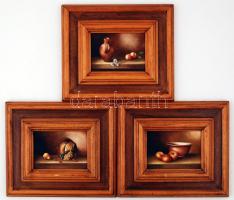 Maxescotti jelzéssel: 3 db csendélet festmény, olaj, farost, sérült keretben, 12×16 cm (3×)