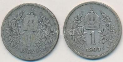 Ausztria 1893-1894. 1K Ag "Ferenc József" (2x) T:3
Austria 1893-1894. 1 Corona Ag "F...