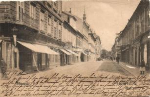 Temesvár, Timisoara; Jenő herceg utca, Első Délmagyarországi Kesztyűgyár üzlete, Hinterseer(?) Ulrik és Musil Ferenc üzletei / street, shops (b)