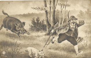 Boar chasing a hunter and his dog, humour (fl)