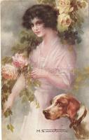 Lady with dog in the garden, W.S.S.B. Lart italien No. 6783/4., s: M. Santino