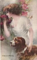 Lady with dog in the garden, W.S.S.B. Lart italien No. 6783/2., s: M. Santino