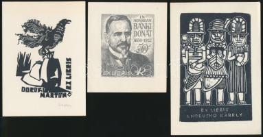 4 db ex libris (Kertes-Kollmann Jenő, Kopasz Márta, Kónya Sándor, Nechánszky József), vegyes technika (klisé, linó, fametszet, ill. rézkarc), papír, egy részük jelzett, különböző méretben