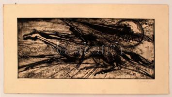 Raszler Károly (1925-2005): Lovas. Rézkarc, papír, jelzett, 30×45 cm