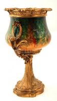 Díszes réz kehely,  több rétegű festett üveg testtel, sérült, m:17 cm